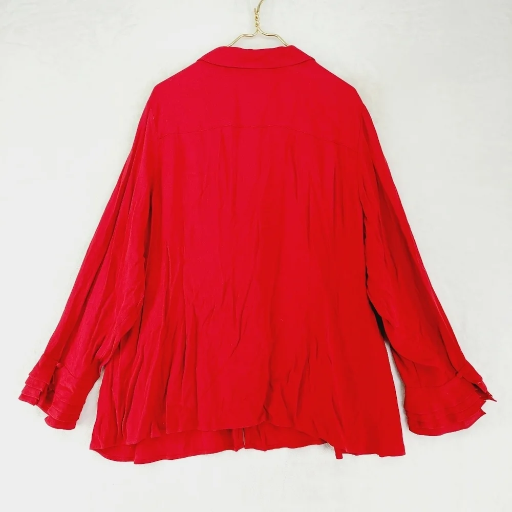 Soft Surroundings Sonnet Blouse Covered Button Ruffle Sleeve Red Shirt P3814